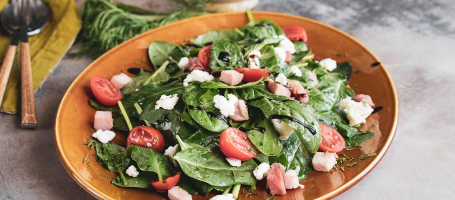 recipe image Salad with spinach, Mani syglino (cured salted pork) and barrel feta cheese