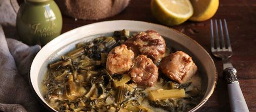 recipe image Pork with leeks and wild celery in an egg-lemon sauce